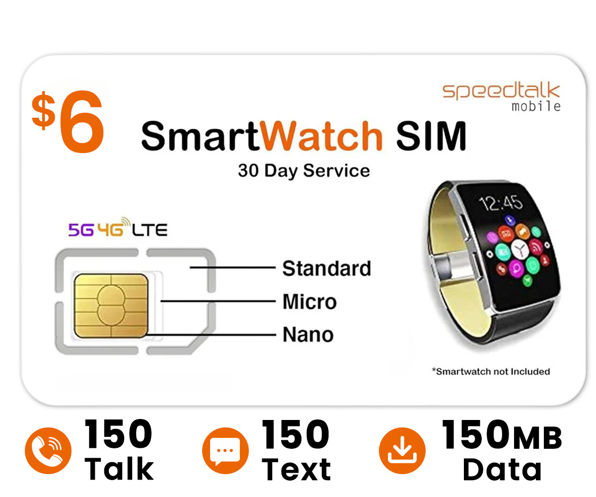 SpeedTalk Mobile SIM card for smartwatch $6 monthly prepaid plan best value option.
