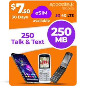 SpeedTalk Mobile $7.50 eSIM plan with 250 talk minutes, 250 texts and 250MB data for 30 days on 5G 4G LTE