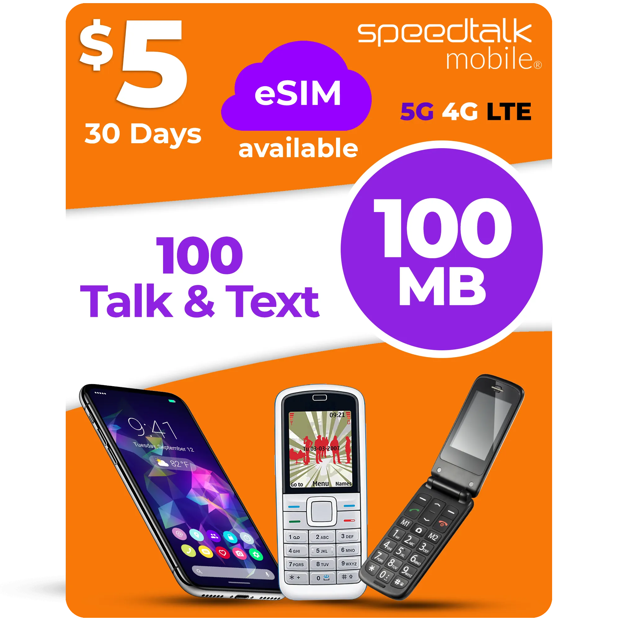 SpeedTalk Mobile $5 eSIM plan with 100 talk minutes, 100 texts and 100MB data for 30 days on 5G 4G LTE