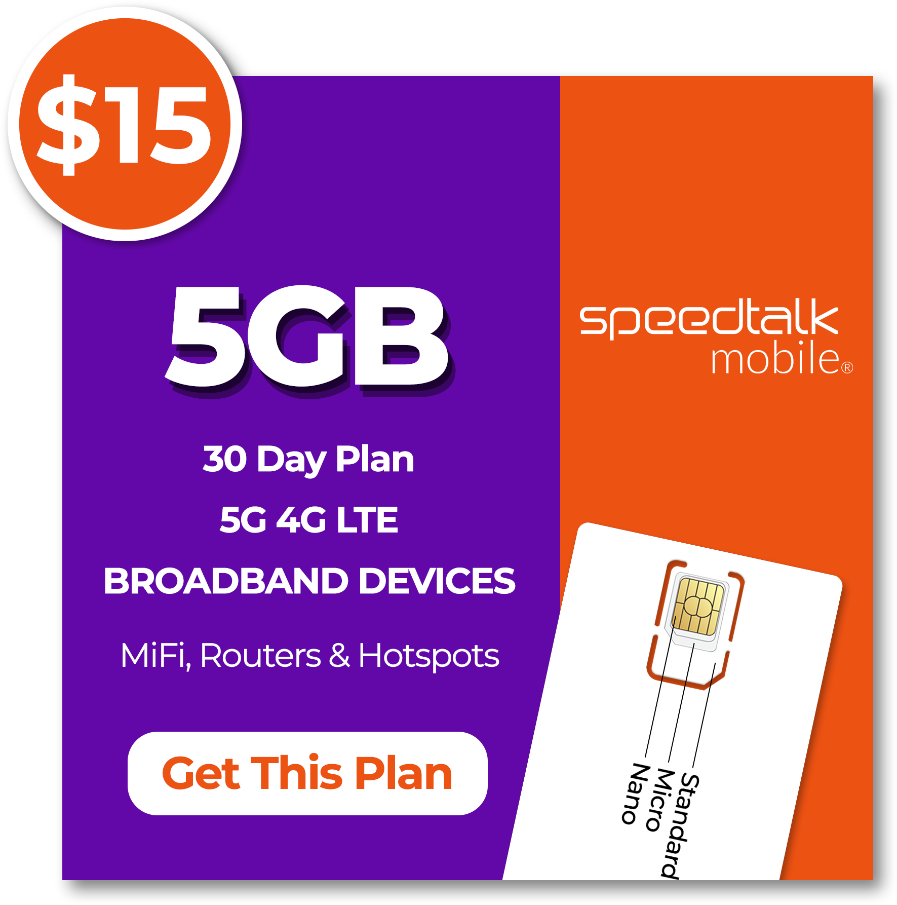 SpeedTalk Mobile $15 monthly 5GB broadband data plan with 30 day validity