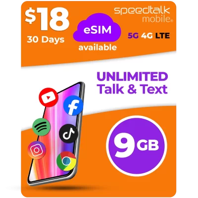 SpeedTalk Mobile $18 eSIM plan with unlimited talk and text and 9GB data for 30 days on 5G 4G LTE