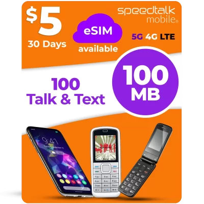 SpeedTalk Mobile $5 eSIM plan with 100 talk minutes, 100 texts and 100MB data for 30 days on 5G 4G LTE