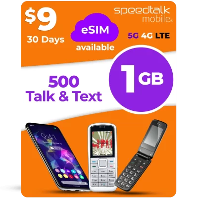 SpeedTalk Mobile $9 eSIM plan with 500 talk minutes, 500 texts and 1GB data for 30 days on 5G 4G LTE